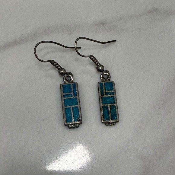 Turquoise Inlay Earrings, Southwestern Style Silver Tone Dangle Earrings - Picture 1 of 3